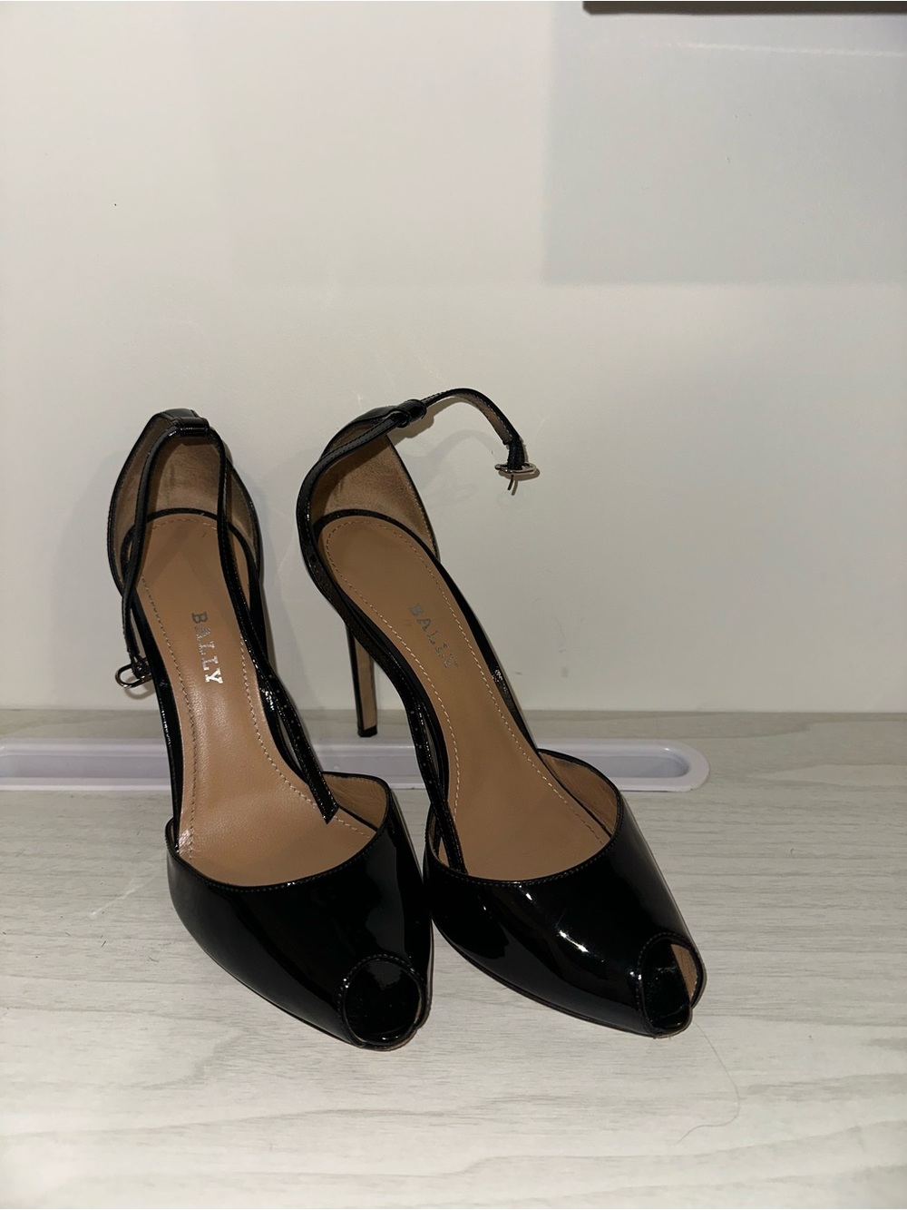 Bally Black Patent Leather Open-Toe Stiletto Heels with Ankle Strap